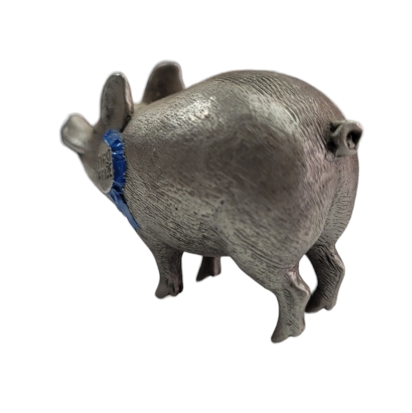 Pewter Pig Proudly Wearing His First Prize Blue Ribbon Approx 1.75"L x .75"W - Picture 3 of 9